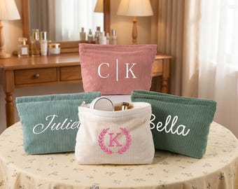 Personalized Embroidered Corduroy Makeup Bag,Custom Name Toiletry Bag,Bridal Party Gift,Bridesmaid Gifts