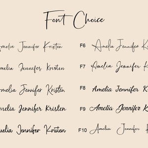 May include: A graphic showing 10 different font styles for the names Amelia, Jennifer, and Kristen. The fonts are labeled F1 through F10.