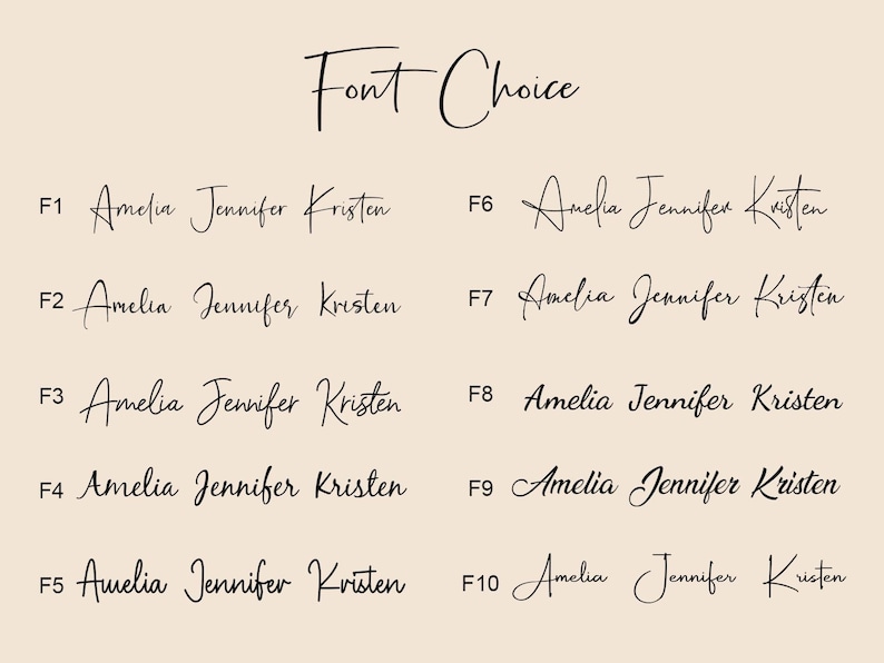 May include: A graphic showing 10 different font styles for the names Amelia, Jennifer, and Kristen. The fonts are labeled F1 through F10.