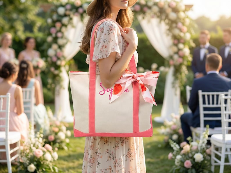 May include: A canvas tote bag with coral trim and handles, featuring the name "Sophie" in cursive script. The bag is adorned with a matching coral and floral patterned scarf tied in a bow. The bag is cream-colored and is being held outdoors.