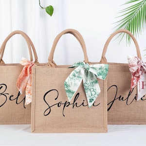 Personalized Burlap Bridesmaid Tote Bag with Scarf