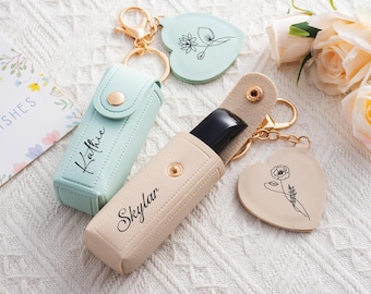 Engraved Birth Flower Lipstick Keychain Case with Mirror, Custom Lipstick Case, Gift For Her,Bridesmaid Proposal Gift, Wedding Favors