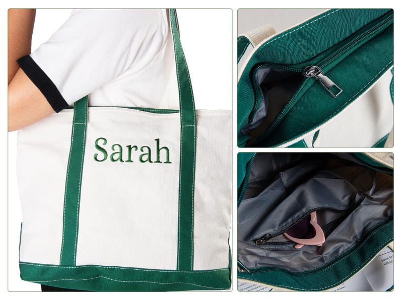 May include: White canvas tote bag with green trim and handles. The name "Sarah" is embroidered in green on the front. Features a zippered top and interior pocket. Perfect for carrying essentials.