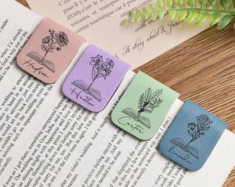 Birth Flower Leather Bookmark: Personalized Engraved Magnetic Gift