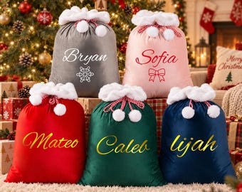 Custom Velvet Christmas Sack, Christmas Family Santa Bag with Name, Large Holiday Gift Bag for Family, Family Gifts