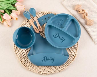 Conjunto de alimentação para bebê personalizado com nome, conjunto de silicone gravado para introdução alimentar, presente para chá de bebê, prato gravado