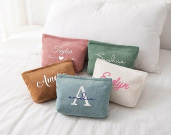 Custom Name Corduroy Makeup Bag,Embroidered Monogramed Toiletry Bag for Women,Bachelorette gift,Gift for Her