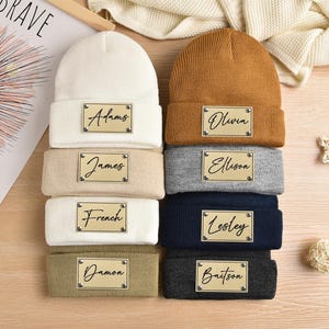Personalized Knit Baby Beanie: Custom Name Leather Patch Winter Hat image 14