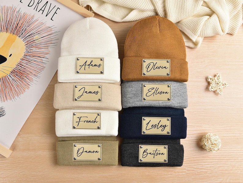 Personalized Knit Baby Beanie: Custom Name Leather Patch Winter Hat image 14
