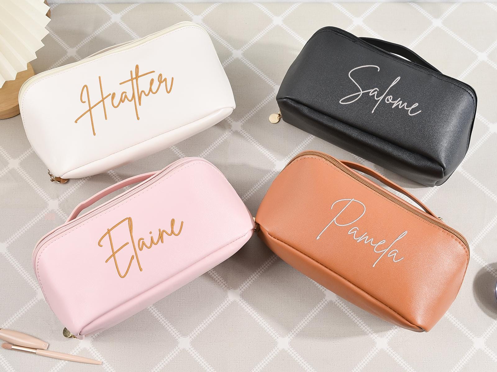 Personalized Leather Makeup Bag,Large Embroidered Cosmetic Bag,Luxurious Wedding Bridesmaid Gift for Her,Custom Travel Makeup Bag for Women