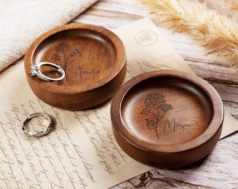 Personalized Wood Ring Dish, Engraved Floral Jewelry Tray