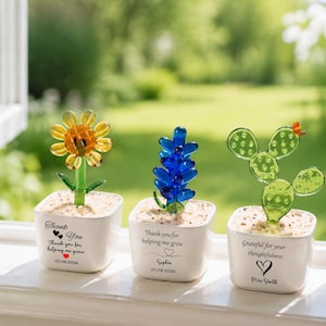 Puede incluir: Tres adornos de plantas de cristal en macetas cuadradas blancas rellenas de pequeñas piedras. El primero tiene una flor amarilla, el segundo una flor azul y el tercero un cactus verde. Cada maceta tiene texto negro y fechas impresas.