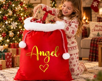 Personalized Christmas Gift Sack, Custom Name Santa Bag for Kids, Toy Gift Sack, Christmas Gift Bag with Pom Poms, Gift for Kids