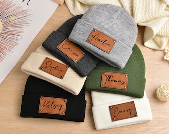 Newborn baby Beanies,Leather Patch Beanies for Baby,Personalized Beanies for Babies,Infant Beanie with Name,Kid Knitted Hat,Baby Shower Gift
