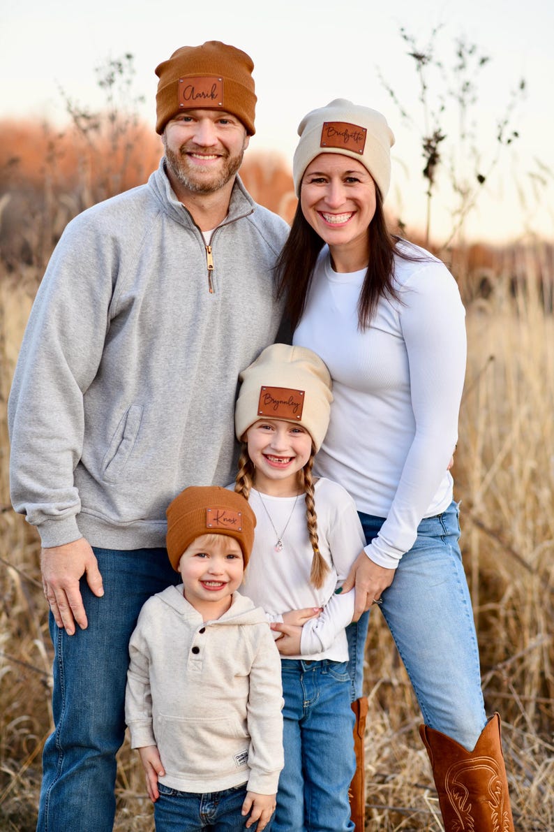 Personalized Knit Baby Beanie: Custom Name Leather Patch Winter Hat image 3