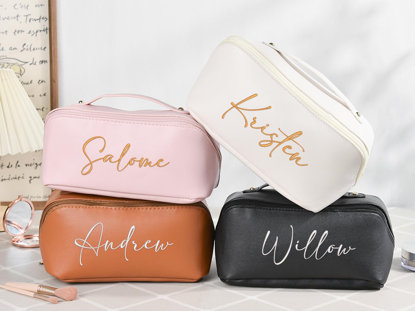 Personalized Leather Makeup Bag,Large Embroidered Cosmetic Bag,Luxurious Wedding Bridesmaid Gift for Her,Custom Travel Makeup Bag for Women