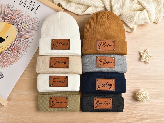 Personalized Knit Baby Beanie: Custom Name Leather Patch Winter Hat