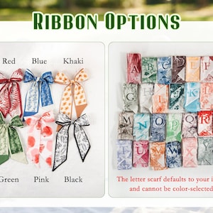 May include: An image showcasing various ribbon options. The left side displays ribbons in red, blue, khaki, green, pink, and black, each with unique patterns. The right side features letter scarves, each with a different initial. Text reads "RIBBON OPTIONS".