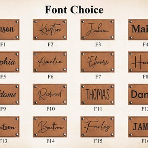 May include: A brown leather font choice chart with 16 different font styles. Each font style is displayed on a separate brown leather tag with a name printed in black. The tags are labeled F1 through F16.