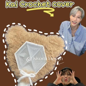 May include: A brown and white crochet cover with the text "Kai Crochet cover". The cover has a fluffy, bear-like design with a white bow and a clear, geometric centre. The image also includes two photos of a person.