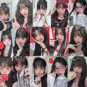 May include: A set of trading cards displaying portraits of a young woman in diverse styles. The cards have a glossy finish and feature the text "@ kivomi design". The backgrounds vary, including red and white. The cards are likely for collecting.