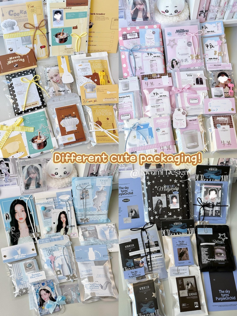 May include: A selection of packaged items in various colours and designs. The packages feature images of people, text, and decorative elements. The text "Different cute packaging!" is visible. The packages are tied with ribbons and bows.