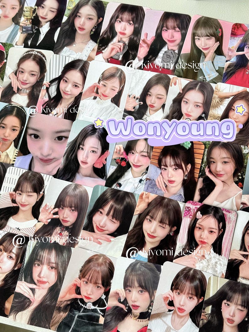 May include: A selection of photo cards displaying a young woman with different hairstyles and expressions. The cards have a glossy finish and include the name "Wonyoung" in a purple and white design. The cards are arranged in a scattered pattern.