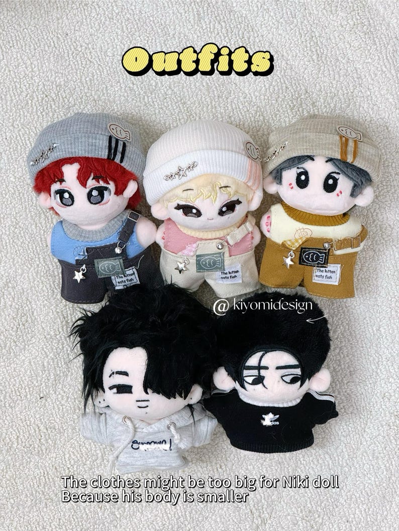 May include: Five doll outfits are displayed, each with a unique style. The dolls wear beanies, overalls, and hoodies in various colors, including gray, white, and black. The word "Outfits" is written in yellow. The text "The clothes might be too big for Niki doll Because his body is smaller" is also visible.