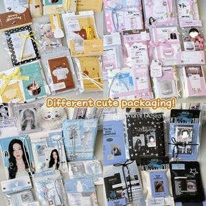 May include: A selection of packaged items in various colours and designs. Some packages are adorned with ribbons, bows, and cards. The text "Different cute packaging!" is visible. The packages appear to be for gifts or small products.