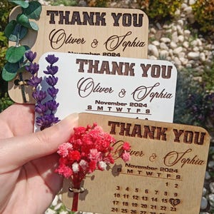 Tarjeta de fecha con diseño de flores de madera, tarjeta de boda vintage de madera, tarjeta de agradecimiento rústica, imanes, imán de calendario, tarjeta de boda