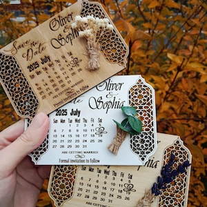 Save the Date Karte-Blumen aus Holz Save the Date-Vintage Hölzerne Hochzeitskarte-Rustische Hölzerne Save the Date-Magnete-Kalender Magnet-Hochzeitskarte