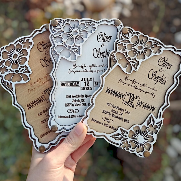 Aangepaste houten huwelijksuitnodiging, rustieke handgemaakte bloemenkaart