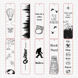 Assorted Bookmark Designs - Set of 10 Downloadable Files For Laser Engraver. Bookmark SVG. Lightburn file. PNG file.