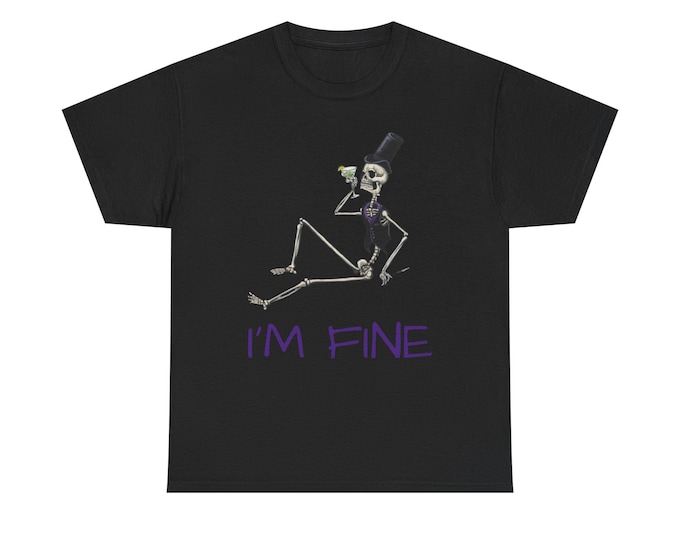 Skeleton I'm Fine Tee - Unisex Heavy Cotton T-Shirt, Graphic Tee, Halloween Shirt, Casual Wear, Gift for Fun-Lovers