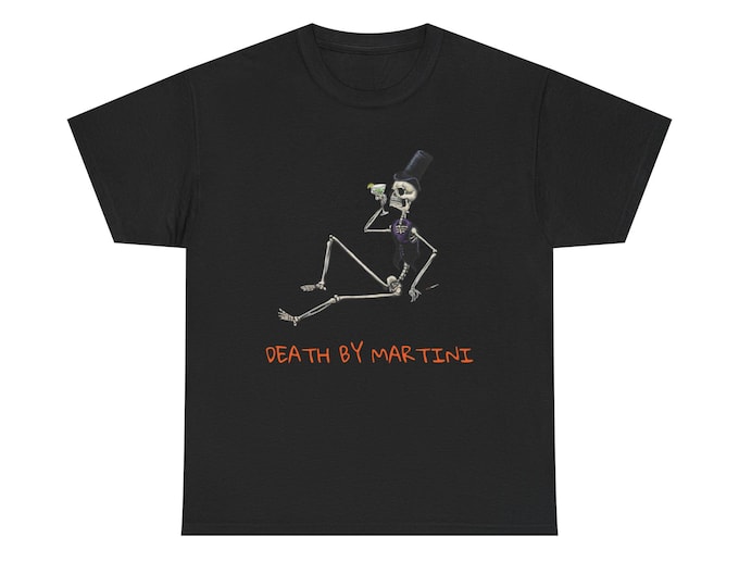 Halloween Unisex Heavy Cotton Tee, Death by Martini Skeleton Shirt, Funny T-Shirt, Party Wear, Gift for Men and Women, Costume Tee