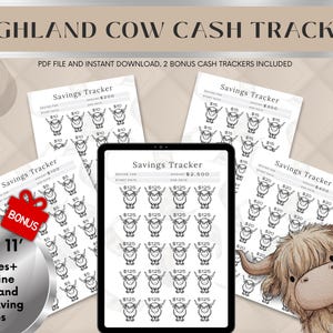May include: A digital download featuring a "Highland Cow Cash Tracker" with a savings tracker theme. The image includes a tablet and several printed pages with cow illustrations and savings goals. The text includes "PDF file and instant download" and "Bonus".