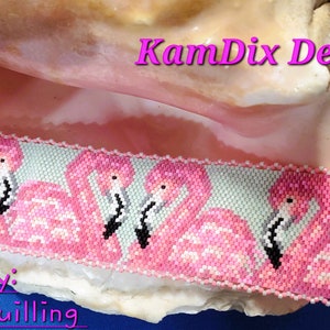 May include: Pink flamingo beaded bracelet with a light green background. The bracelet is designed by Paulette Quilling and is part of the KamDix Designs collection.
