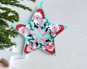Flamingo Ornament - Santa Mingo 3D peyote stitch star ornament