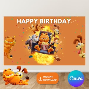 Puede incluir: Telón de fondo de cumpleaños naranja con Garfield y sus amigos con el texto "HAPPY BIRTHAY". Garfield está sentado en una silla sosteniendo palomitas de maíz. Otros personajes incluyen a Odie y Nermal. El confeti está esparcido por el fondo naranja.