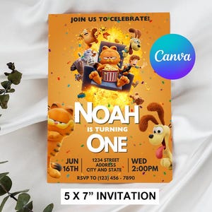 Invito di compleanno Garfield modificabile con modello di cappello da festa Garfield modificabile Canva modifica download immediato Modello