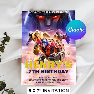May include: A Transformers-themed birthday invitation for Henry's 7th birthday. The invitation features a colorful image of Optimus Prime and other Transformers characters. The text on the invitation reads "Henry's 7th Birthday", "Feb 24 - Wed 2 PM", "1234 Street Address City and State", "RSVP to (123) 456-7890", and "5 x 7" Invitation".