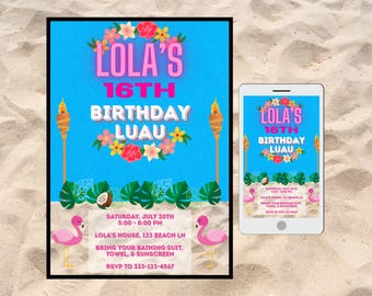 Editable Luau Birthday Invitation Template, Hawaiian Theme (Instant Download)