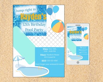 Pool Party Birthday Invitation Template, Editable Swim Invite (Digital Download)