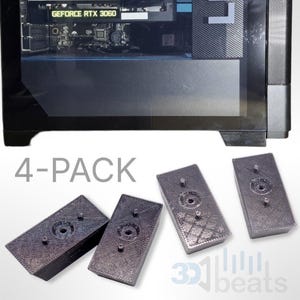 May include: Four-pack of black plastic risers for a computer case. The risers are designed to elevate the case off the surface, allowing for better airflow and cooling.