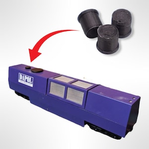 May include: A purple model train with the word "DAPOL" printed on the side. Three black plastic wheels are shown separately.