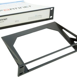 May include: A white and black Fortinet FortiGate network appliance with a black metal rack mount. The appliance has several ports and indicator lights. The rack mount is a dark gray color.