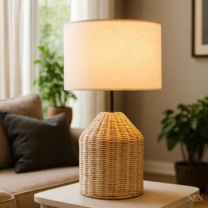 Cane Table Lamp | Fabric Shade Desk Light | Woven Bedside Lamp | Handmade Natural Rattan Lamp | Boho Nightstand Light |Minimalist Home Decor