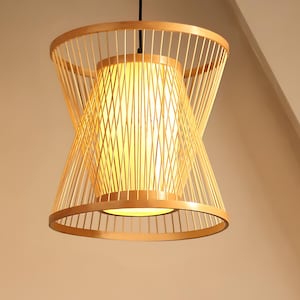 Bamboo Rattan Pendant Light | Woven Lattice Lampshade | Japandi Boho Ceiling Light for Bedroom, Dining Table, or Living Room