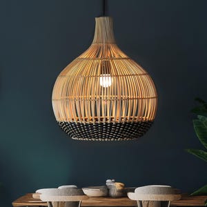 Bamboo Rattan Pendant Light | Woven Lattice Lampshade | Japandi Boho Ceiling Light for Bedroom, Dining Table, or Living Room