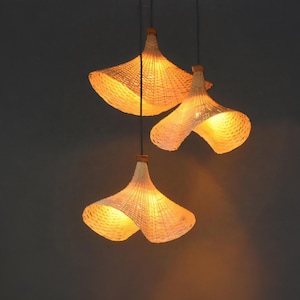Bamboo Rattan Pendant Light | Woven Lattice Lampshade | Japandi Boho Ceiling Light for Bedroom, Dining Table, or Living Room